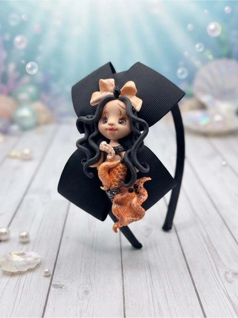 Custom clay Bow Headband with Peach Mermaid Doll Accent